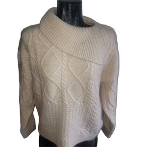 Nicole Miller Cream Cable Knit Wool Blend Split Turtleneck Sweater L